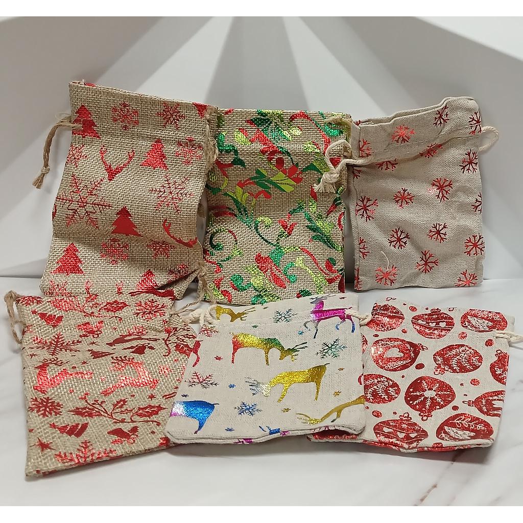 BOLSAS NAVIDEÑAS DE YUTE PEQUEÑA 10X14CM 6PCS